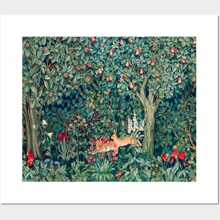 GREENERY, FOREST ANIMALS Hares Blue Green Red Floral Tapestry Posters and Art